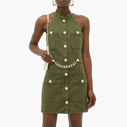 Women Lion Buttons Chain Green Cotton Backless Halter Dress Saboor store