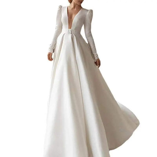 Ladies Style White Dress Satin Surface Was Thin And High French Temperament Dress Long Skirt Saboor store