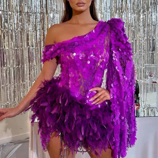 Purple Sequined Feather Skirt One-shoulder Sleeve Short Dress Luxury Party Stage Performance Dress Saboor store