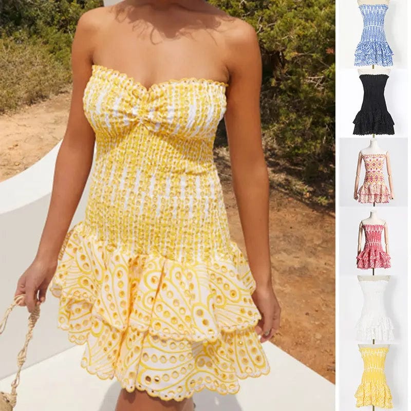 Y2K Tube Top Pleated Dress Ins Fashion Print A-line Short Dresses For Beach Party Clothing Women Saboor store