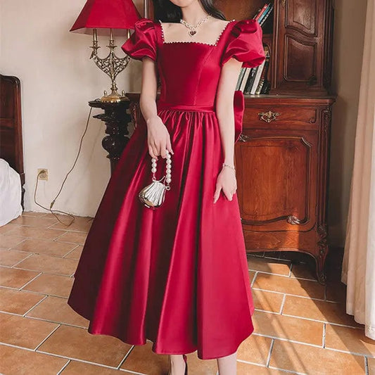 Winter Wine Red Engagement Daily French Princess On The Run Satin Dress Saboor store