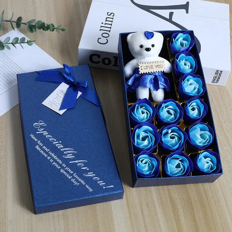 Saboor store  12 Plus Bear Blue Heart Set Gift Box Rose Soap Flower Festival