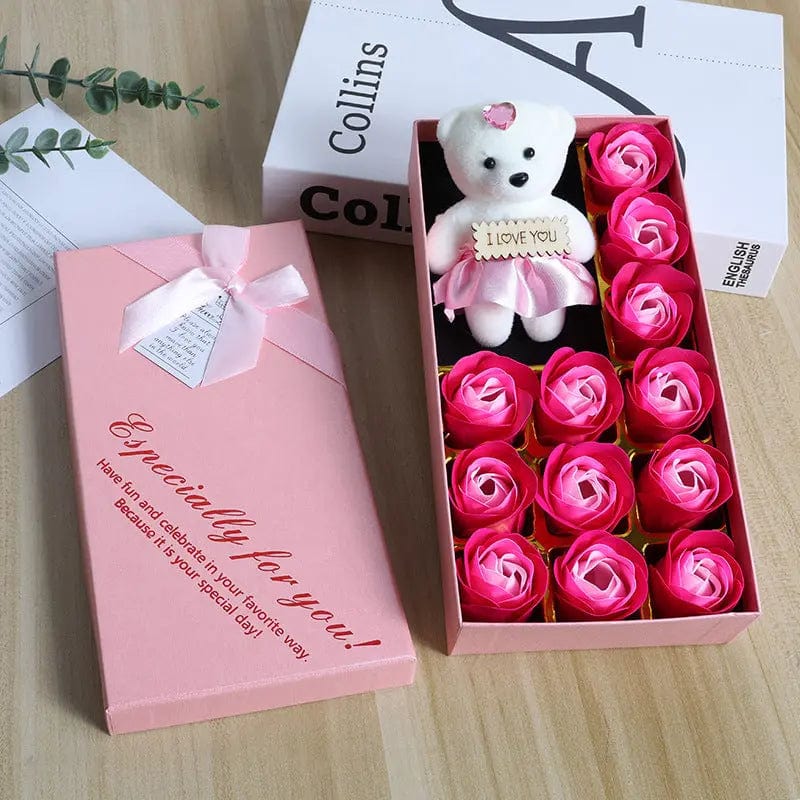 Saboor store  12 Plus Bear Pink Set Heart Gift Box Rose Soap Flower Festival