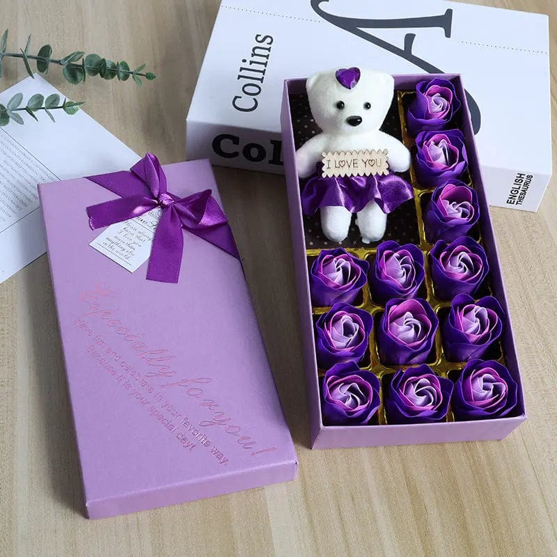 Saboor store  12 Plus Bear Purple Set Heart Gift Box Rose Soap Flower Festival