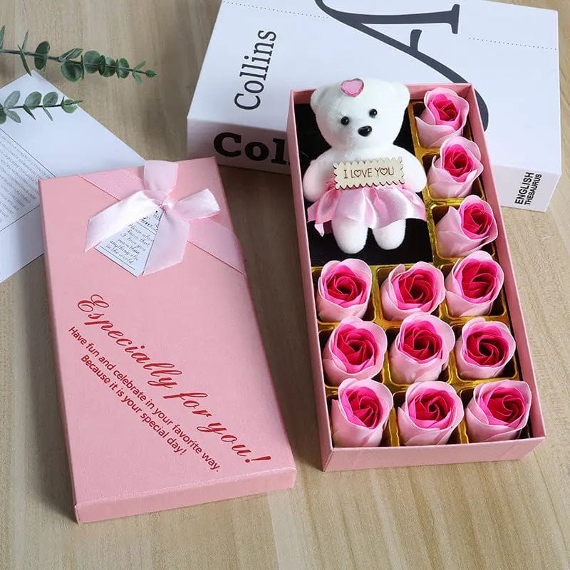 Saboor store  12 Plus Bear White Set Heart Gift Box Rose Soap Flower Festival