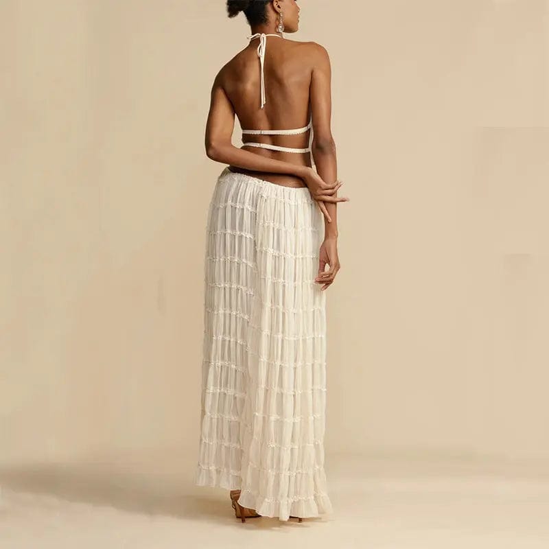 Saboor store  2pcs Women's Dress Suit Sexy Sleeveless Backless Cropped Halter Top And Pleated Long Skirt Beach Clothing 2pcs Women's Dress Suit Sexy Sleeveless Backless Cropped Halter Top And Pleated Long Skirt Beach Clothing