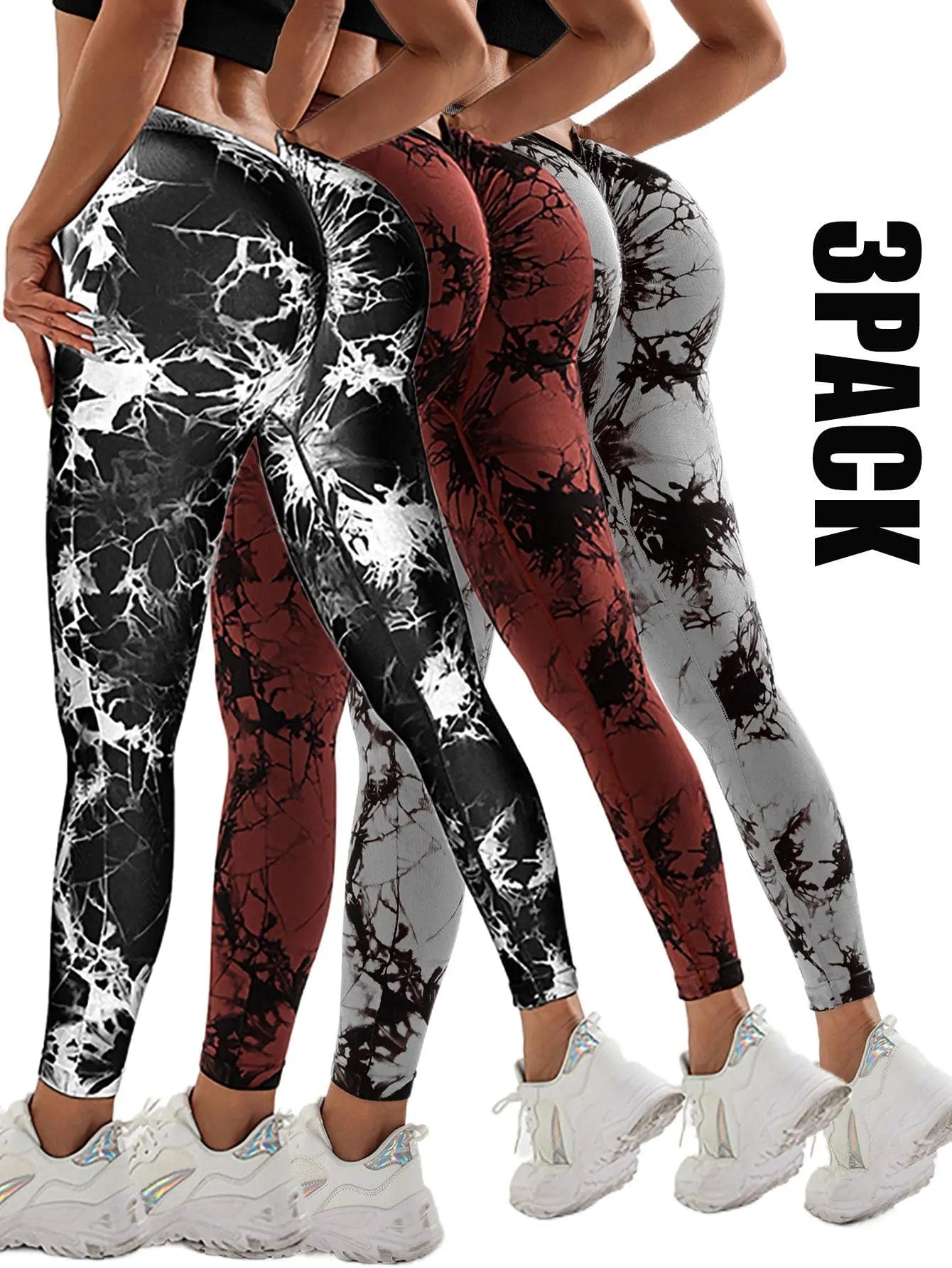 Saboor store  3 Pack Women's Scrunch Workout Leggings, High Waisted Butt Lifting Tie-dye V Back Waist Seamless Gym Yoga Leggings