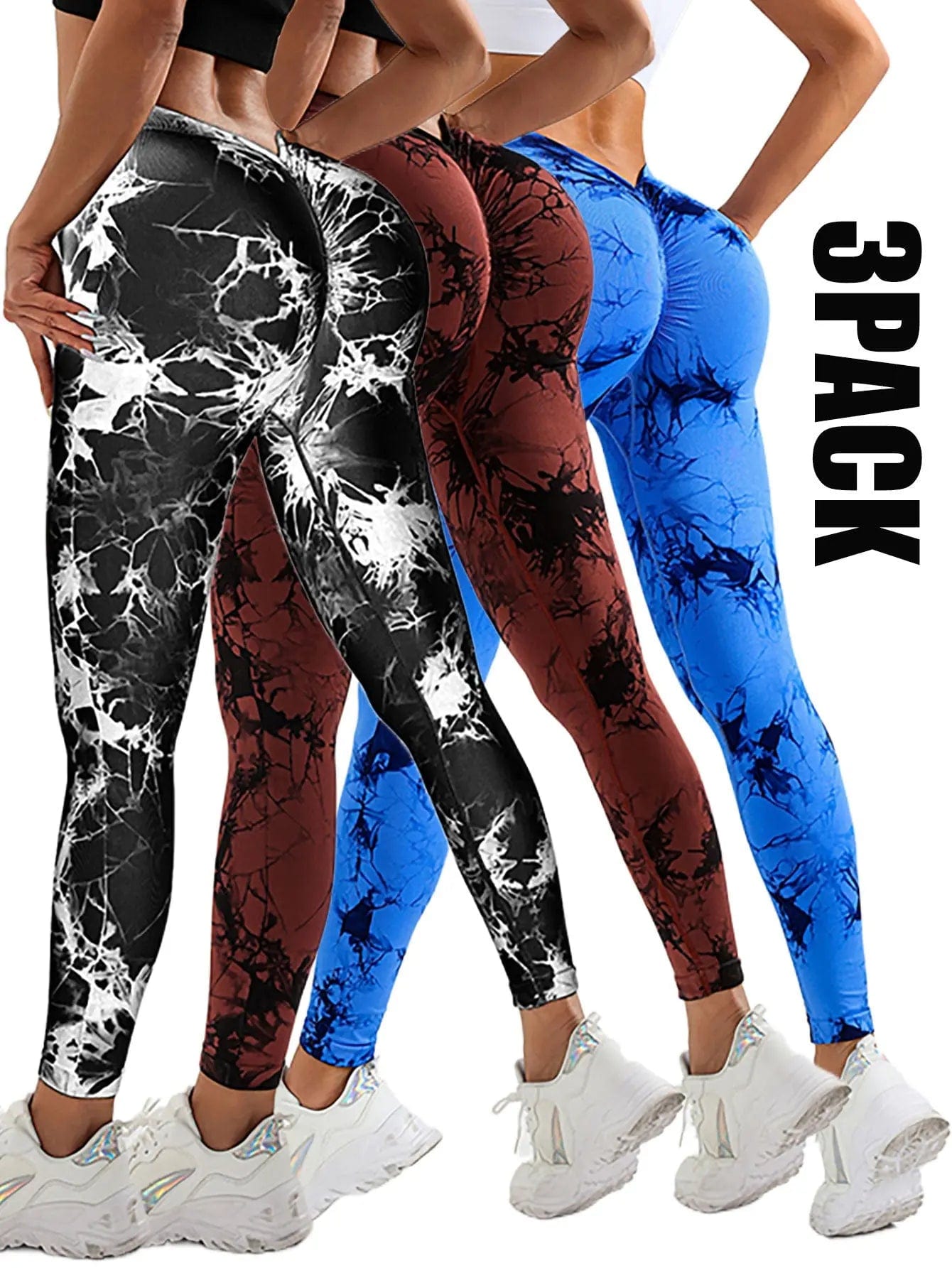 Saboor store  3PACK2 / L 3 Pack Women's Scrunch Workout Leggings, High Waisted Butt Lifting Tie-dye V Back Waist Seamless Gym Yoga Leggings