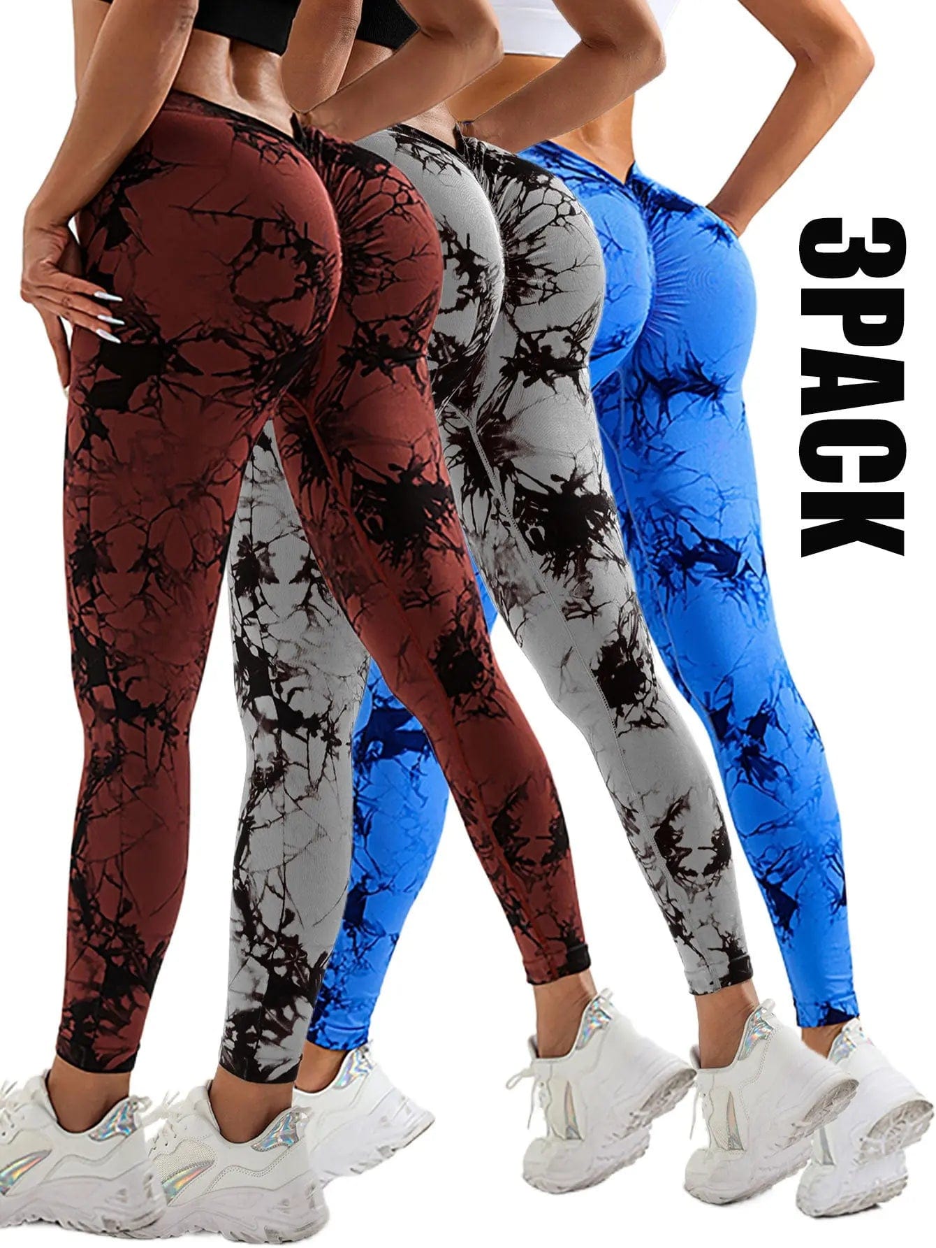 Saboor store  3PACK3 / L 3 Pack Women's Scrunch Workout Leggings, High Waisted Butt Lifting Tie-dye V Back Waist Seamless Gym Yoga Leggings