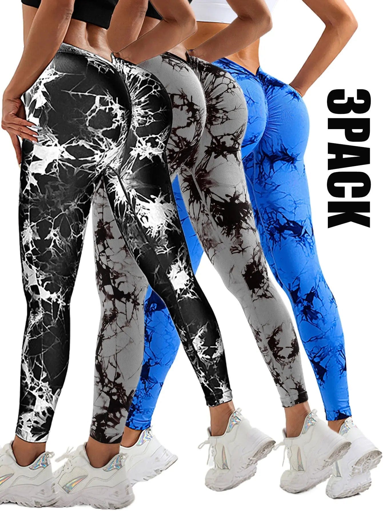 Saboor store  3PACK4 / L 3 Pack Women's Scrunch Workout Leggings, High Waisted Butt Lifting Tie-dye V Back Waist Seamless Gym Yoga Leggings