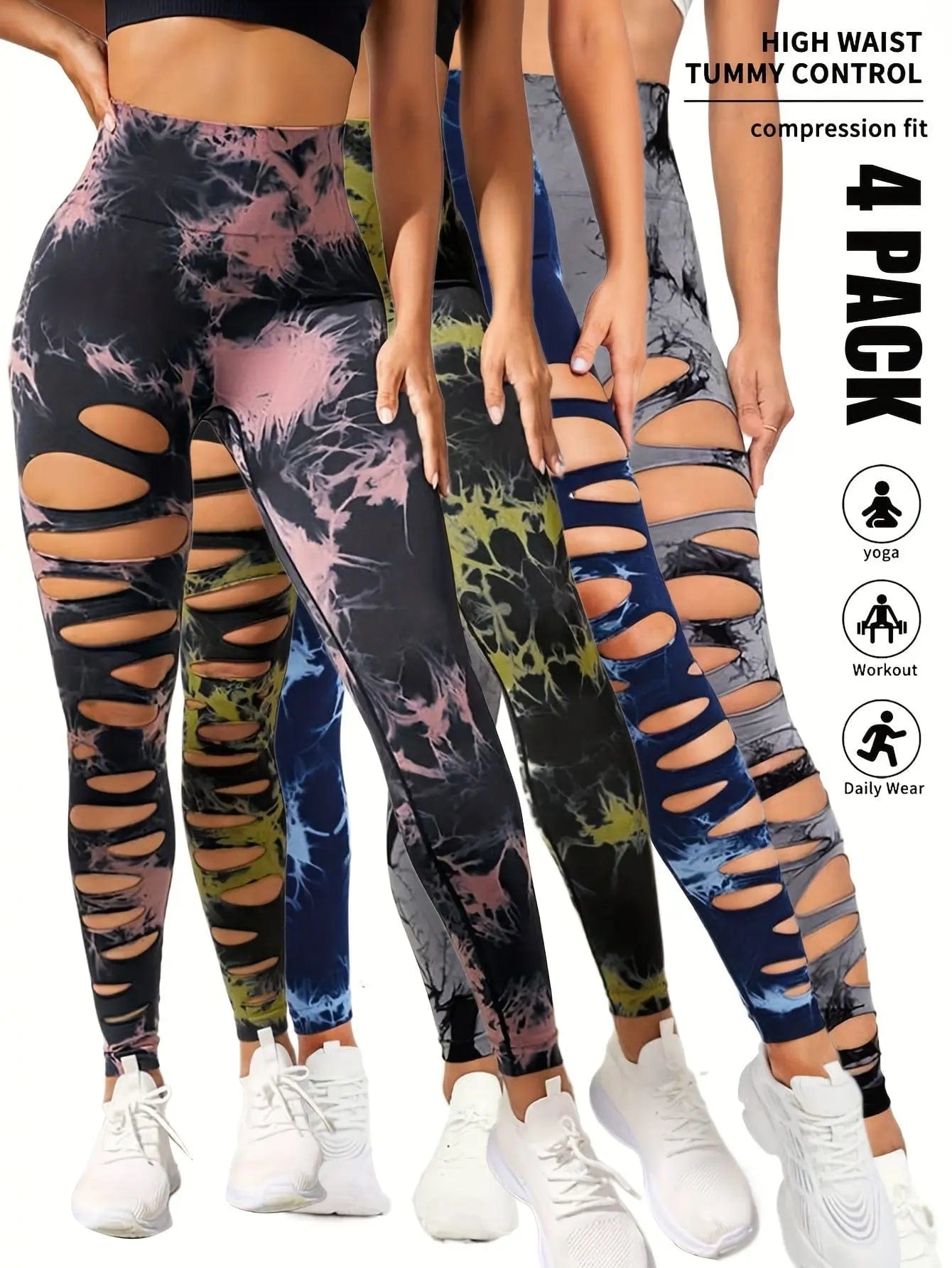 Saboor store  4 Pack Tie-dye Workout Leggings For Women HighWaist Seamless Scrunch Butt Lifting Gym Yoga Pants Elastic Pants