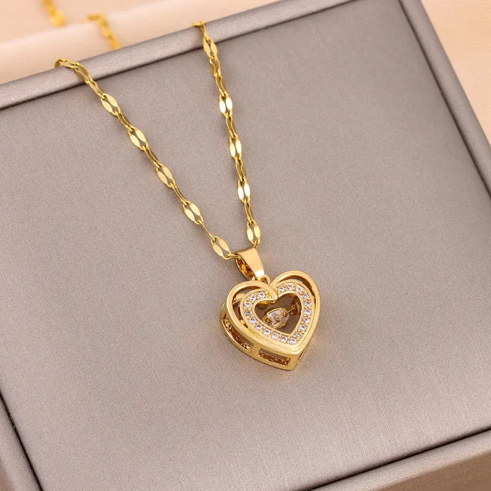 Saboor store  8018 Smart Love Double-layer Love Necklace With Rhinestones Titanium Steel Pendant Fashion Jewelry Woman Valentines Day Gift