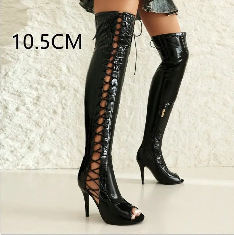 Saboor store All-match Microfiber Breathable Platform Black 10.5CM Heel Height / 45 Stretch Thin Patent Leather Female Over-the-knee Boots