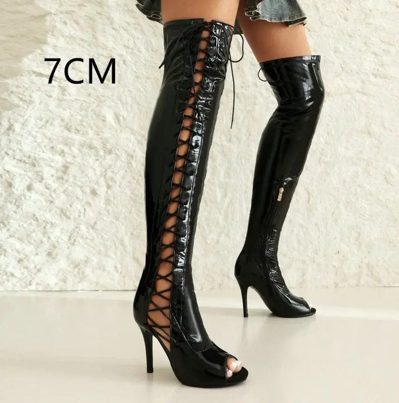 Saboor store All-match Microfiber Breathable Platform Black 7CM Heel Height / 45 Stretch Thin Patent Leather Female Over-the-knee Boots