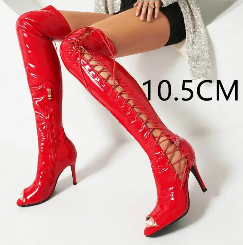 Saboor store All-match Microfiber Breathable Platform Red 10.5CM Heel Height / 45 Stretch Thin Patent Leather Female Over-the-knee Boots