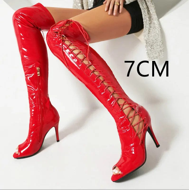 Saboor store All-match Microfiber Breathable Platform Red 7CM Heel Height / 45 Stretch Thin Patent Leather Female Over-the-knee Boots