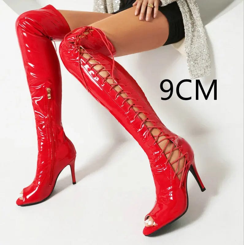 Saboor store All-match Microfiber Breathable Platform Red 9CM Heel Height / 45 Stretch Thin Patent Leather Female Over-the-knee Boots