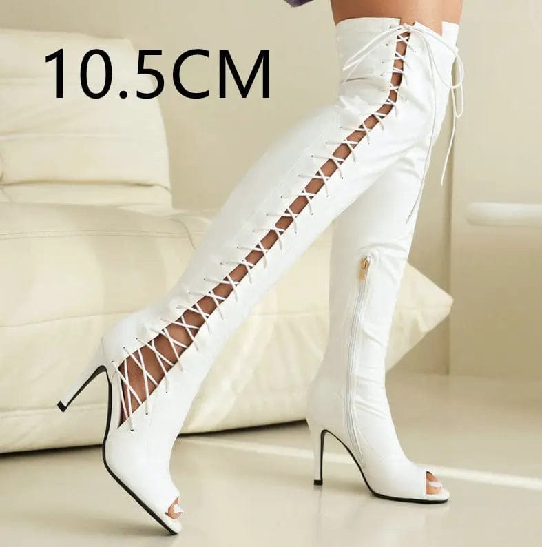 Saboor store All-match Microfiber Breathable Platform White 10.5CM Heel Height / 45 Stretch Thin Patent Leather Female Over-the-knee Boots