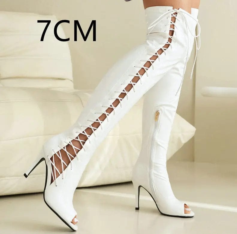 Saboor store All-match Microfiber Breathable Platform White 7CM Heel Height / 45 Stretch Thin Patent Leather Female Over-the-knee Boots