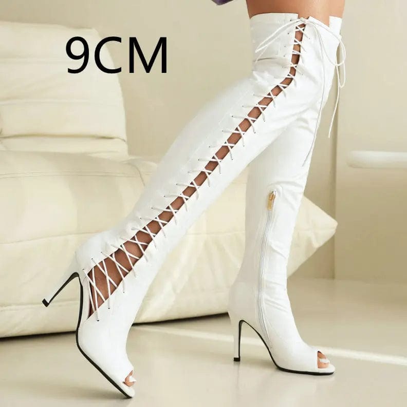 Saboor store All-match Microfiber Breathable Platform White 9CM Heel Height / 45 Stretch Thin Patent Leather Female Over-the-knee Boots