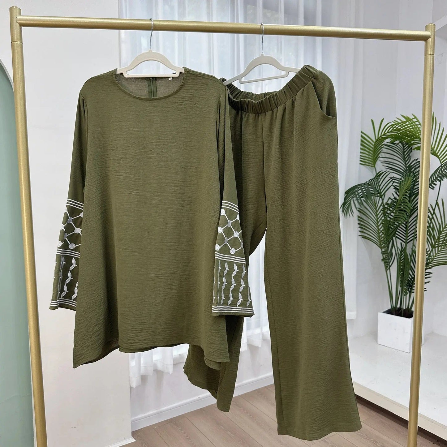 Saboor store  Army Green / MtoL Turkey Embroidered Wide-leg Pants Two-piece Set