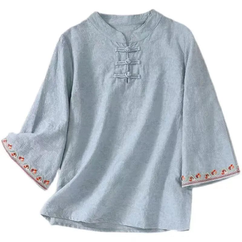 Saboor store  Artistic Cotton Linen Jacquard Embroidered Bell Sleeve Shirt Artistic Cotton Linen Jacquard Embroidered Bell Sleeve Shirt