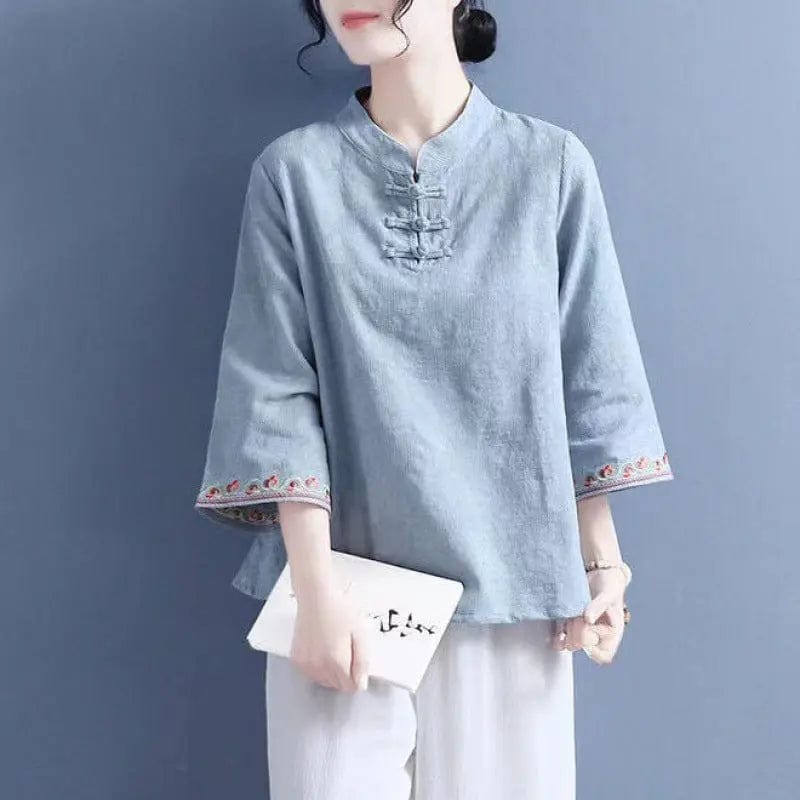 Saboor store  Artistic Cotton Linen Jacquard Embroidered Bell Sleeve Shirt Blue / 2XL Artistic Cotton Linen Jacquard Embroidered Bell Sleeve Shirt