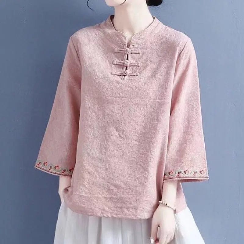 Saboor store  Artistic Cotton Linen Jacquard Embroidered Bell Sleeve Shirt Meat Powder / 2XL Artistic Cotton Linen Jacquard Embroidered Bell Sleeve Shirt