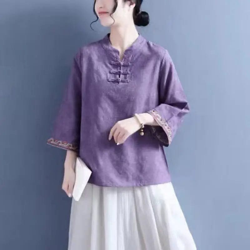 Saboor store  Artistic Cotton Linen Jacquard Embroidered Bell Sleeve Shirt Purple / 2XL Artistic Cotton Linen Jacquard Embroidered Bell Sleeve Shirt