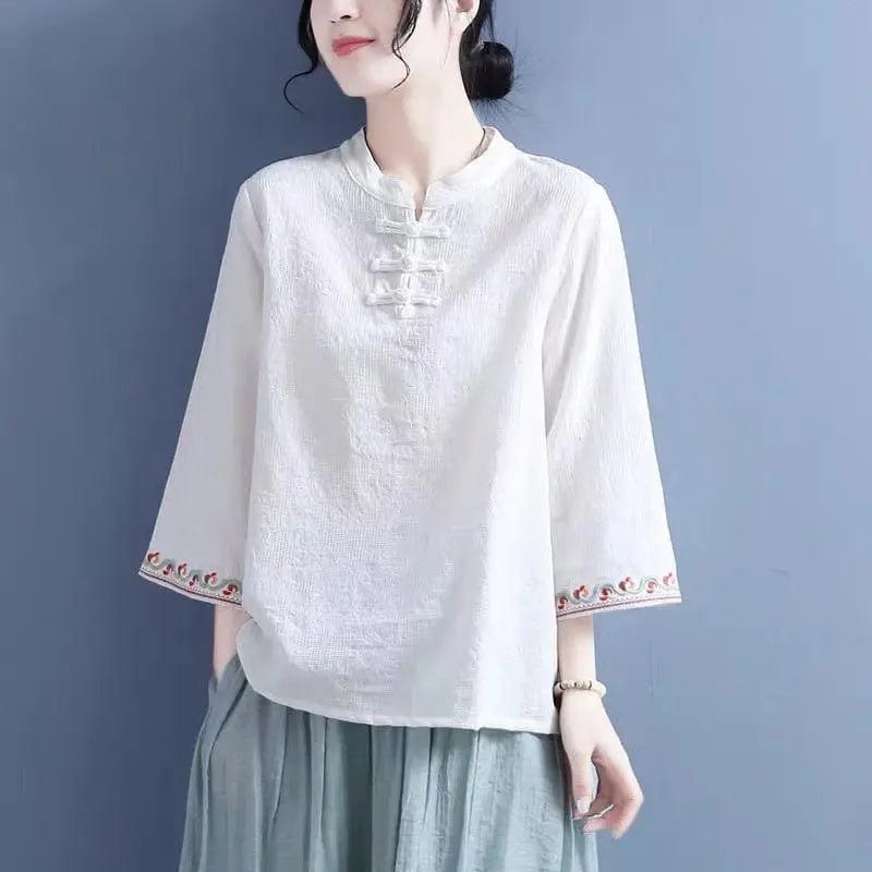 Saboor store  Artistic Cotton Linen Jacquard Embroidered Bell Sleeve Shirt White / 2XL Artistic Cotton Linen Jacquard Embroidered Bell Sleeve Shirt