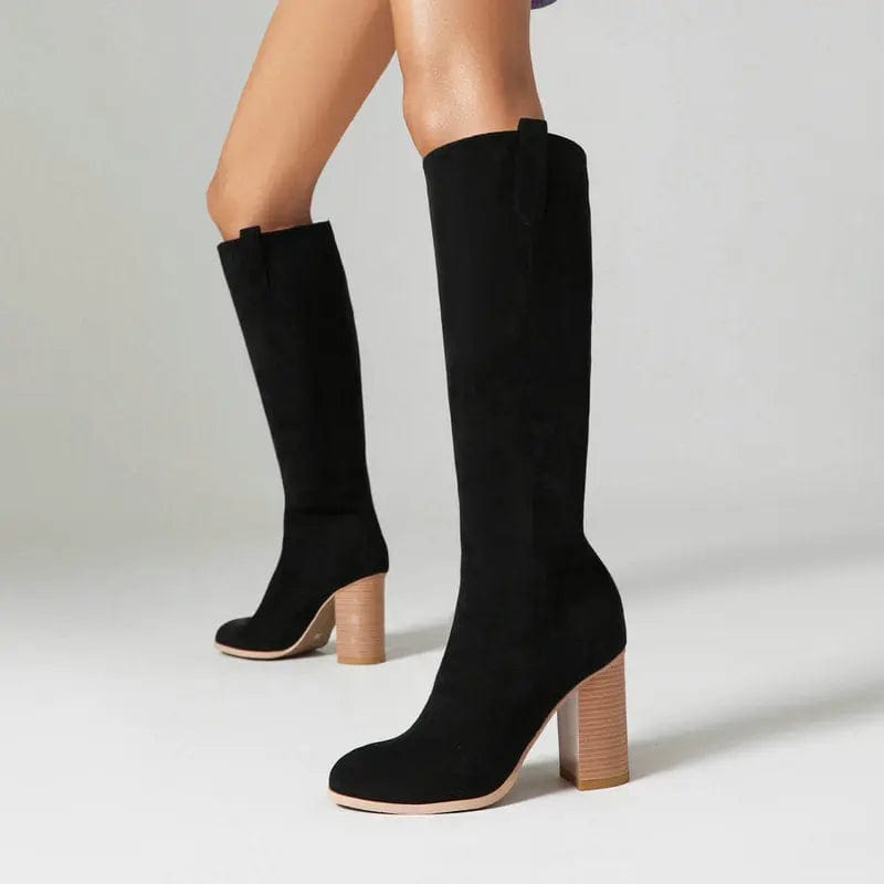 Saboor store Batwing Sleeve Dress Waist-Tightened Dre Long Boots Female Suede Chunky Heel Round Toe