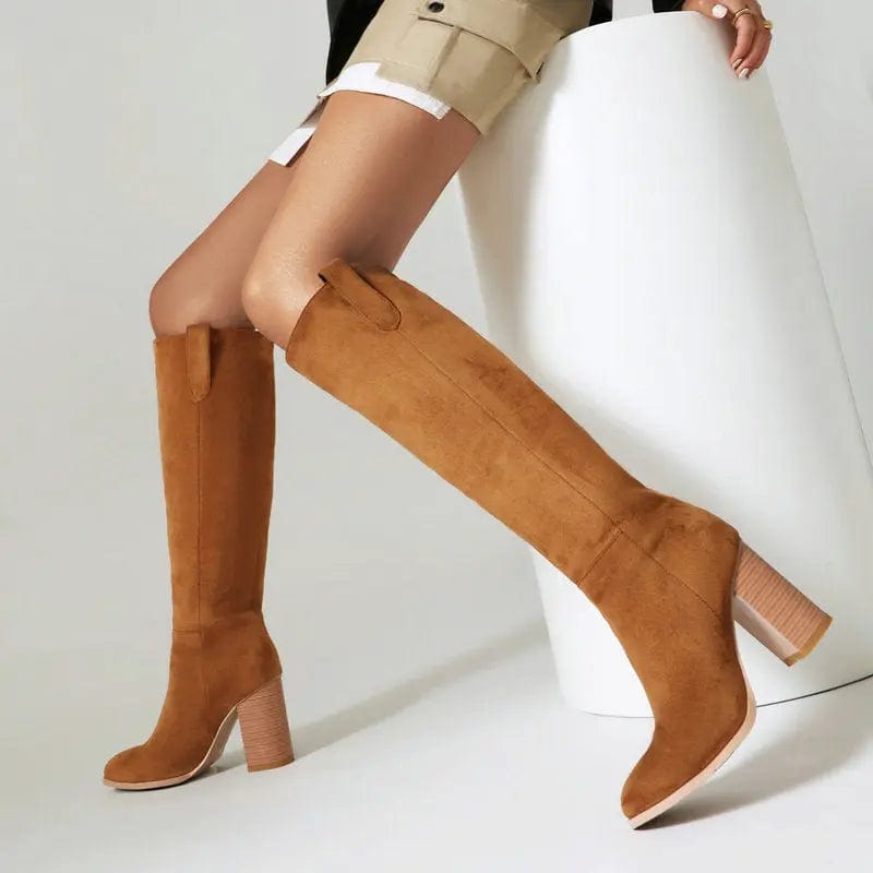 Saboor store Batwing Sleeve Dress Waist-Tightened Dre Long Boots Female Suede Chunky Heel Round Toe