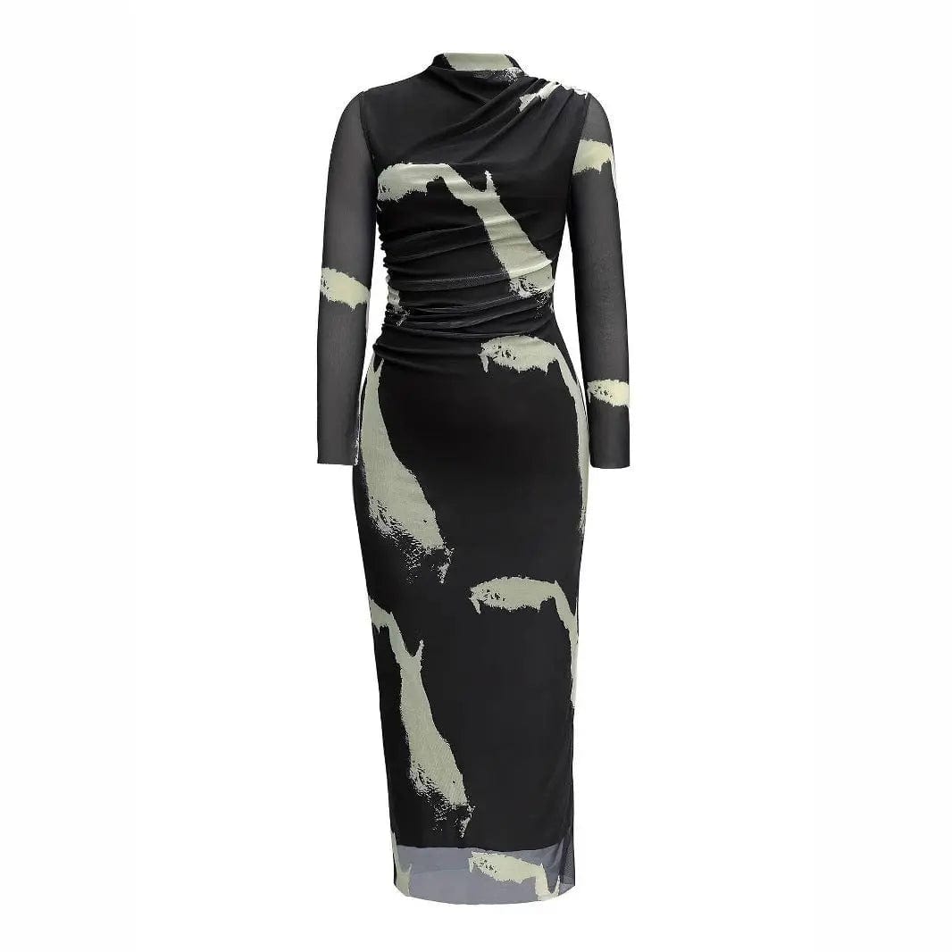 Saboor store Batwing Sleeve Dress Waist-Tightened Dre Mesh Floral Print Tight Split Round Neck Dress