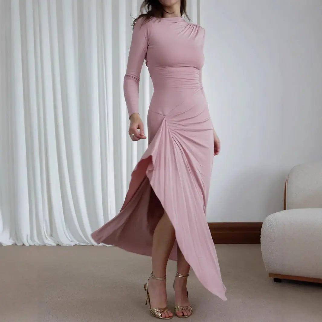 Saboor store Batwing Sleeve Dress Waist-Tightened Dre Pink / L Slim-Fit Asymmetric Split Long Dress –Trendy & Elegant