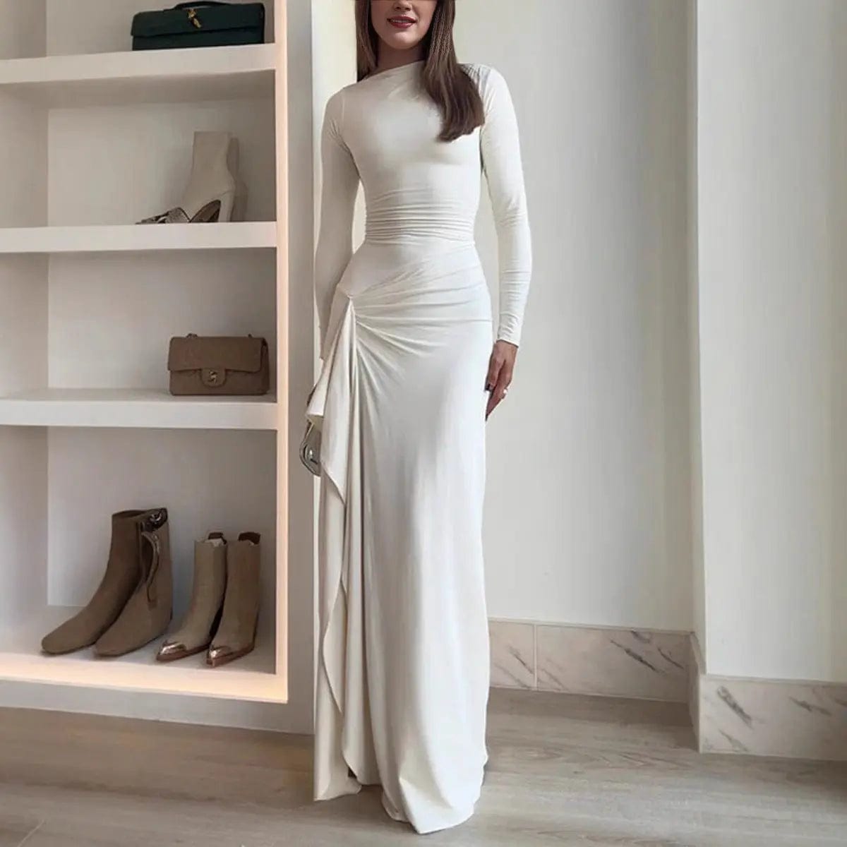 Saboor store Batwing Sleeve Dress Waist-Tightened Dre White / L Slim-Fit Asymmetric Split Long Dress –Trendy & Elegant