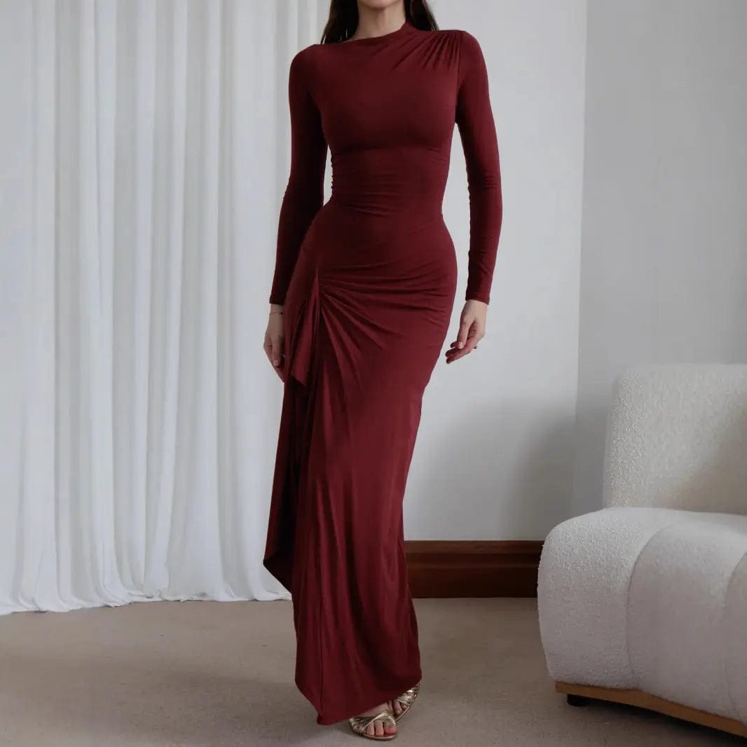 Saboor store Batwing Sleeve Dress Waist-Tightened Dre Wine Red / L Slim-Fit Asymmetric Split Long Dress –Trendy & Elegant