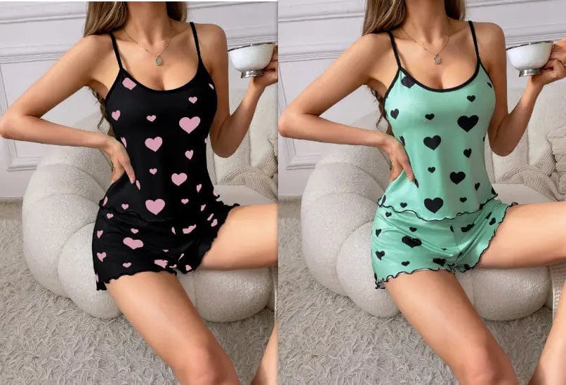 Saboor store  Black and Green / L Ladies' Homewear Printed Love Strap Pajamas Casual Suit