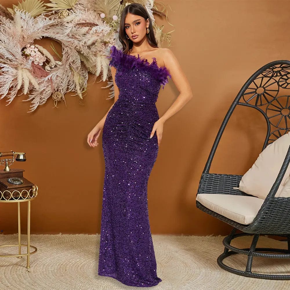 Saboor store Black Paillette Feather Stitching Sequin Purple / L Black Paillette Feather Stitching Sequin Sexy Evening Dress Women