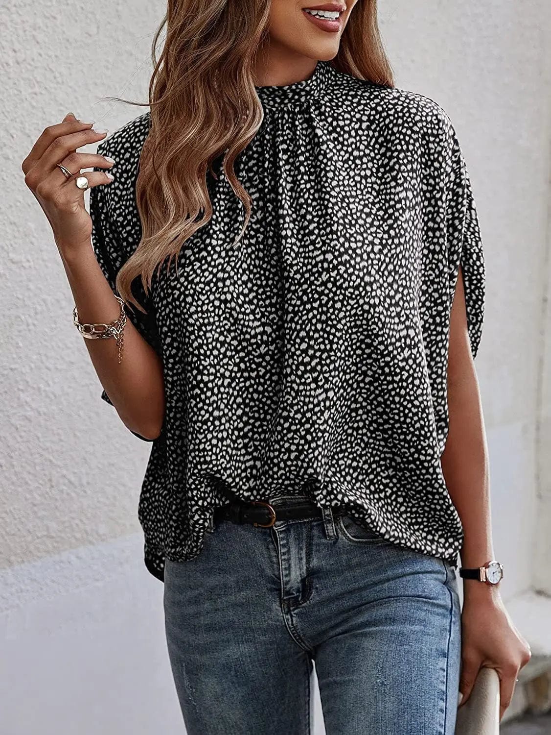 Saboor store  Casual Fashion Printing Split Batwing Sleeve Top Black Panther Point / L Casual Fashion Printing Split Batwing Sleeve Top