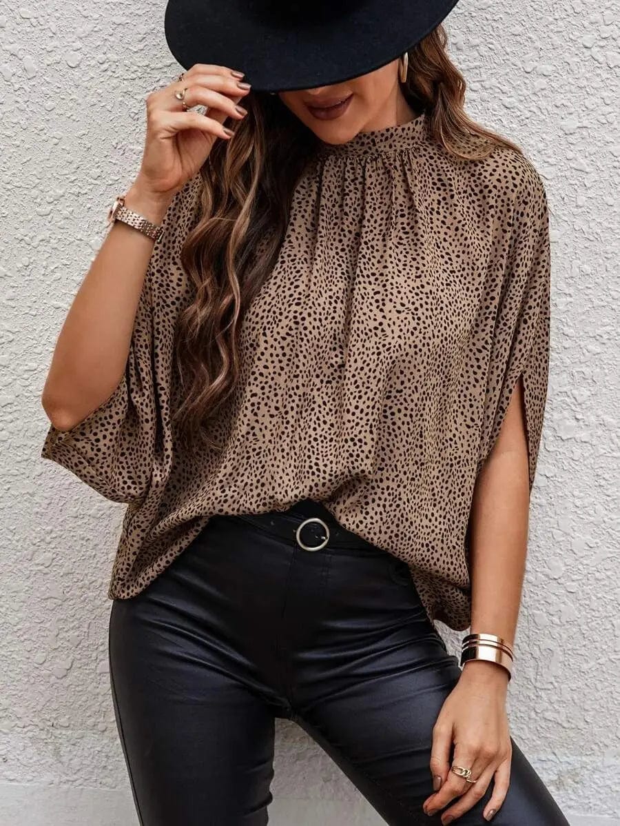 Saboor store  Casual Fashion Printing Split Batwing Sleeve Top Deep Coffee / L Casual Fashion Printing Split Batwing Sleeve Top