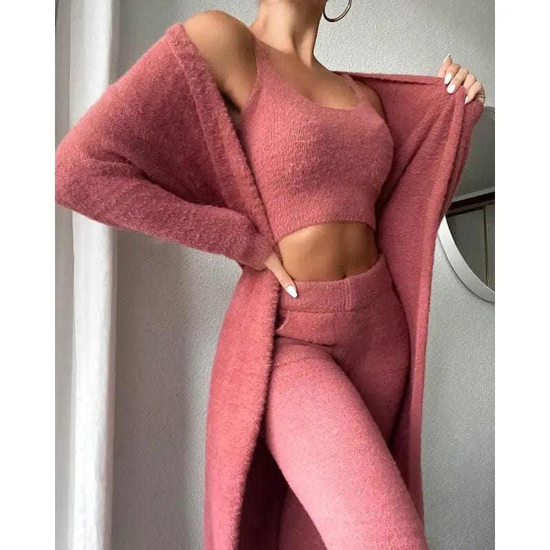 Saboor store  Cozy Pajama Set, 3 Piece Lounge Set, Cute Loungewear, Warm Suit Sets, Matching Set, Lounge Set, 3 Piece Pant Sets, Women Winter Dress Pink / L Cozy Pajama Set, 3 Piece Lounge Set, Cute Loungewear, Warm Suit Sets, Matching Set, Lounge Set, 3 Piece Pant Sets, Women Winter Dress