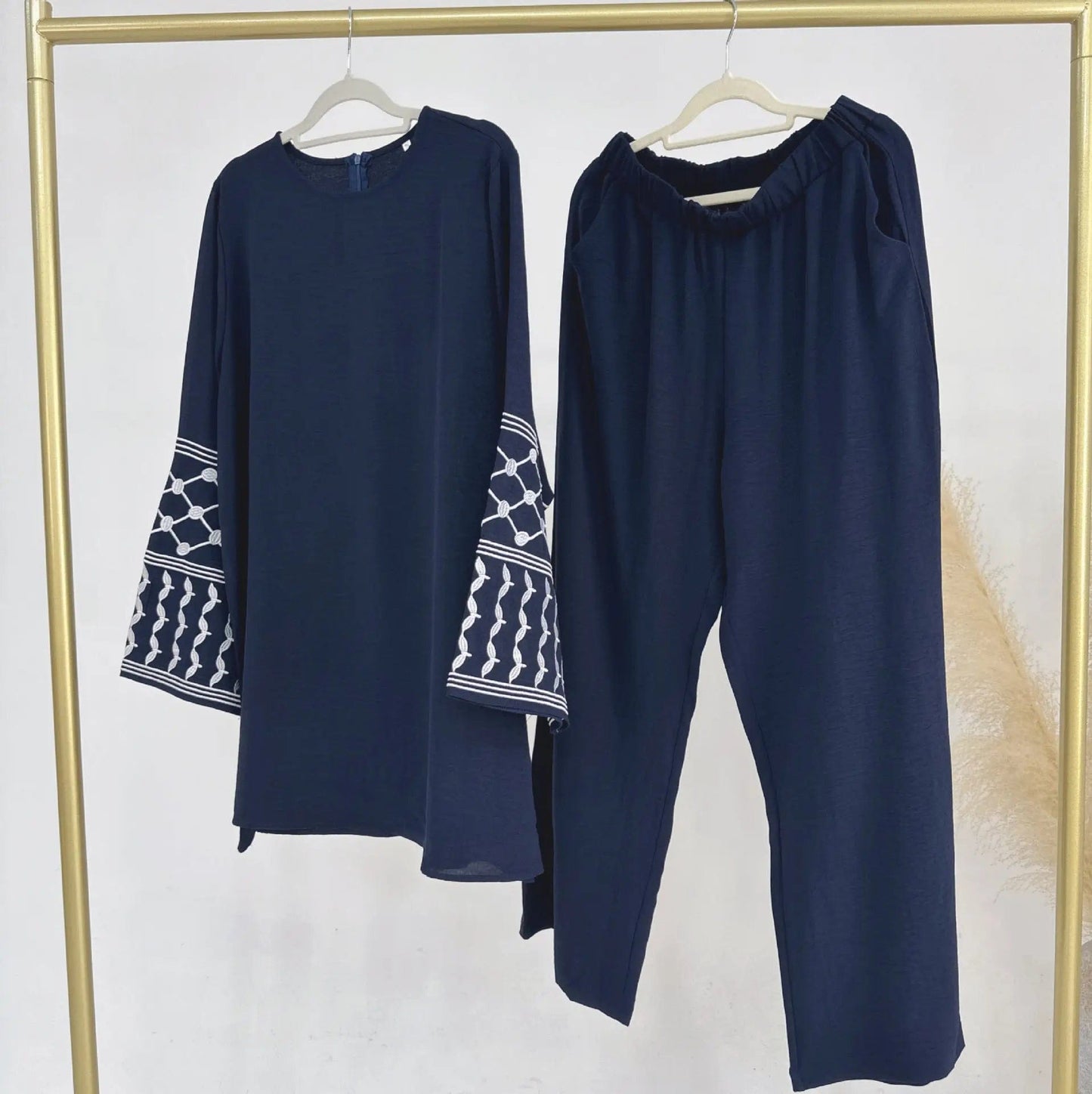 Saboor store  Dark Blue / MtoL Turkey Embroidered Wide-leg Pants Two-piece Set