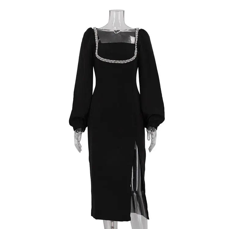 Saboor store  Diamond-encrusted Square Collar Long Sleeve Waist-tight Split Dress Black / L Diamond-encrusted Square Collar Long Sleeve Waist-tight Split Dress