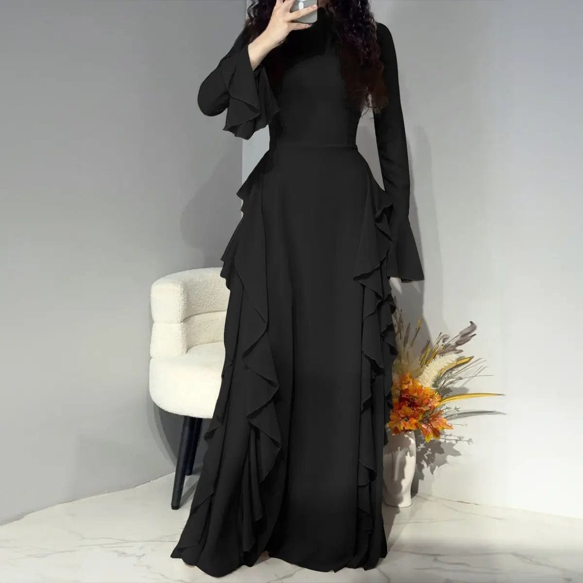 Saboor store dress Black / L Elegant High Waist Design Bell Sleeve Dress