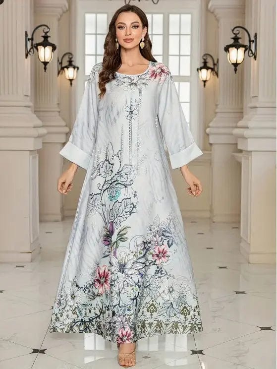 Saboor store dress Elegant Floral Abaya Dress - Long Sleeve Floral Print Abaya