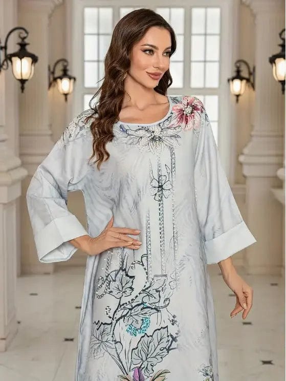 Saboor store dress Elegant Floral Abaya Dress - Long Sleeve Floral Print Abaya