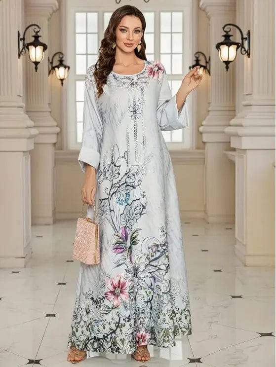 Saboor store dress Elegant Floral Abaya Dress - Long Sleeve Floral Print Abaya