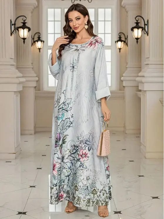 Saboor store dress Elegant Floral Abaya Dress - Long Sleeve Floral Print Abaya