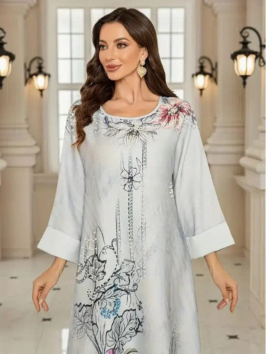 Saboor store dress Elegant Floral Abaya Dress - Long Sleeve Floral Print Abaya