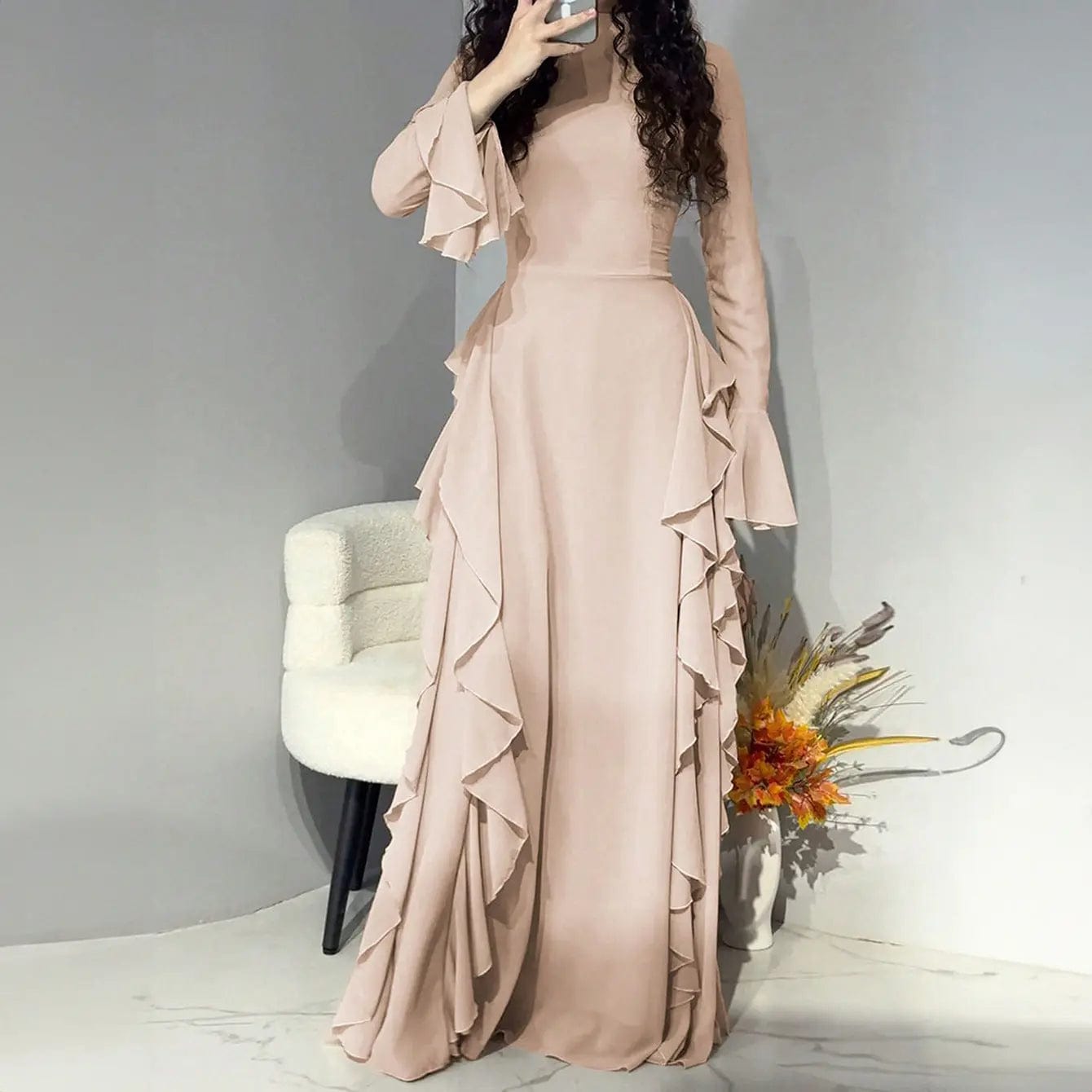 Saboor store dress Flesh Pink / L Elegant High Waist Design Bell Sleeve Dress